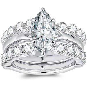 Marquise Moissanite 3-Ring Bridal Set Sterling Silver Size 7 NWT
